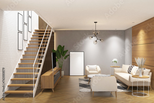 3d rendering interior of living room with stair case, wood panel, sofa, table, plant and frames mock up. White brickwall background and parquet floor. Set 7