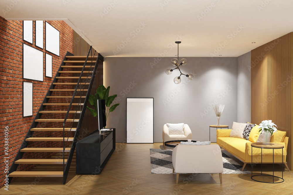 3d rendering interior of living room with stair case, tv credenza, wood ...