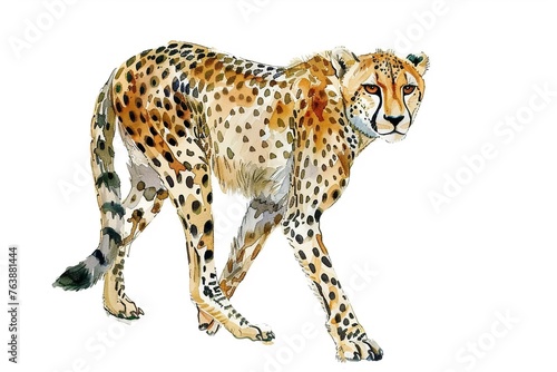 A Cheetah cute hand draw watercolor white background. Cute animal vocabulary for kindergarten children concept. photo