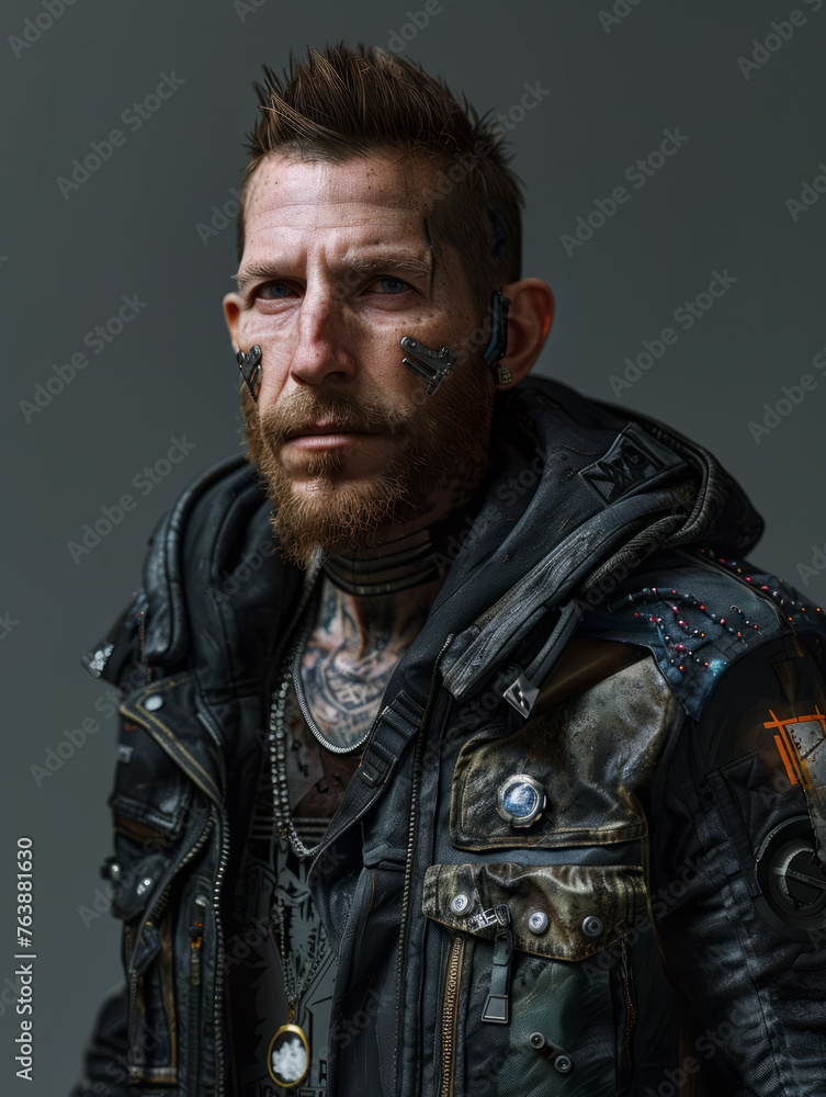 A captivating portrait of a rugged cyberpunk male with a beard, tattoos, and integrated technology gear A captivating portrait of a rugged cyberpunk male with a beard, tattoos, and integrated technology gear