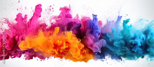 A vibrant mix of purple, violet, pink, magenta, and electric blue smoke billows out of a bottle on a white background, creating a stunning art display