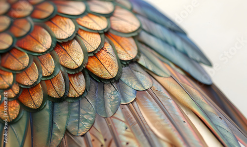 close up of a bird s wing with a multicolored pattern on it s wings and back  Generative AI
