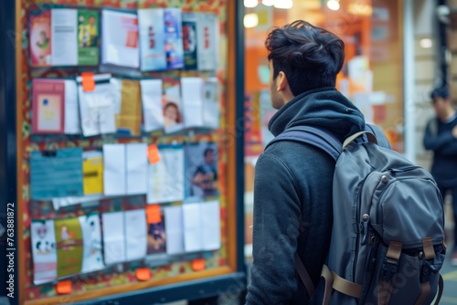 student with backpack looking at notice board filled with flyers