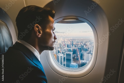 profile of businessman gazing out airplane window, skyline view