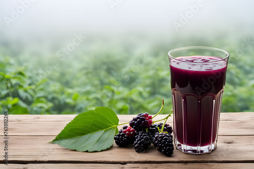 mulberry fruit with mulberry juice in the fog on the wood table photo