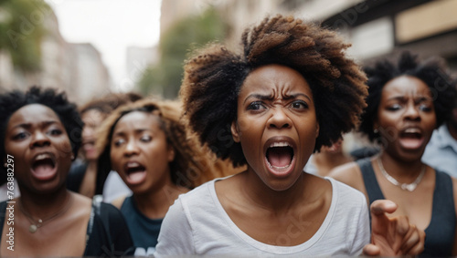 Displeased crowd of people protesting for human rights on city streets with focus is on African American woman shouting on the street march protest for women's rights. Human activism concept. #763882297