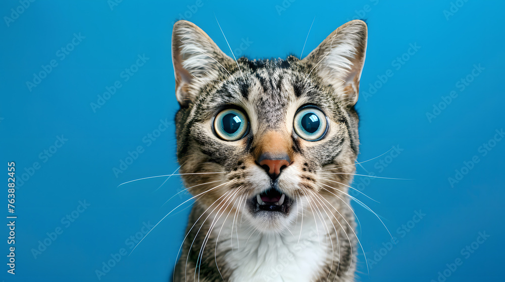 crazy surprised cat making big eyes, portraying a moment of amusing feline expression, blue background