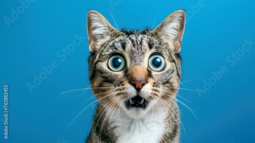 crazy surprised cat making big eyes, portraying a moment of amusing feline expression, blue background © Gita