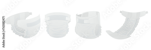 Flat Vector Illustration of a Baby Diaper. Side and Front View. Versatile Baby Diaper Views, Open and Closed Diaper. Infant Underwear Set
