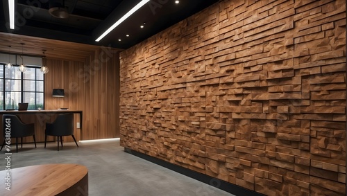 A descriptive paragraph capturing the texture and ambiance of a brown wooden acoustic panel wall for a design project Generative AI