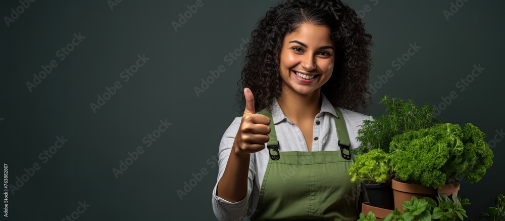 A female wearing an apron stands holding a plant in a pot, smiling and showing approval with a thumbs-up gesture A female wearing an apron stands holding a plant in a pot, smiling and showing approval with a thumbs-up gesture