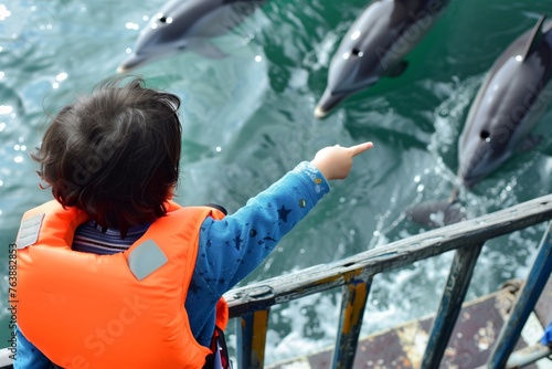 child in life jacket, pointing to dolphins beside ferry