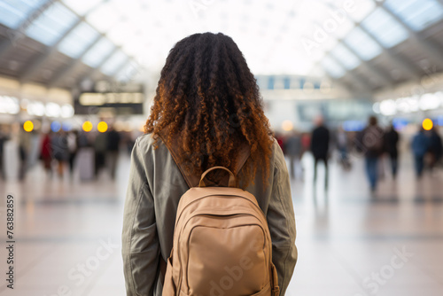 Back view of young woman with backpack at airport or train station