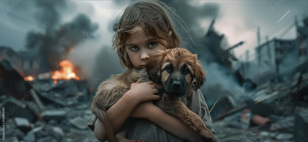 A resilient child girl finds solace in a tender embrace with a loyal dog at the war zone. The enduring bond between humans and animals even in the most challenging circumstances. Generative AI.