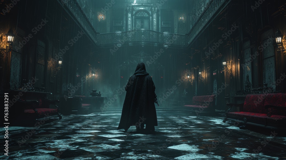 A lone cloaked figure stands at the center of a grandiose gothic hall, dimly lit and filled with an air of mystery. The hall's opulent details and the person's purposeful stance suggest a story