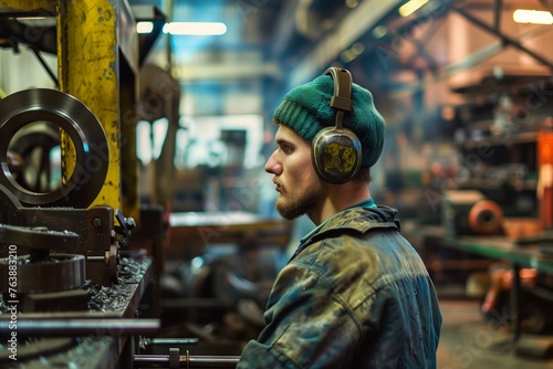 worker with earmuffs in a metalworking shop photo