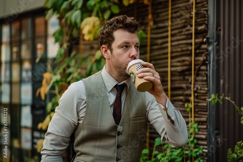 man in a vest and tie sipping coffee from an eco cup © altitudevisual