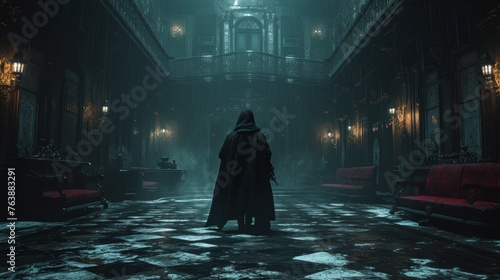 A lone cloaked figure stands at the center of a grandiose gothic hall, dimly lit and filled with an air of mystery. The hall's opulent details and the person's purposeful stance suggest a story