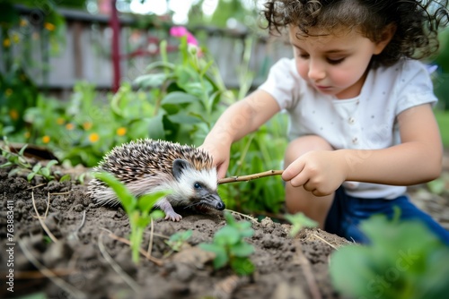 child in garden gently petting a hedgehog with a small stick