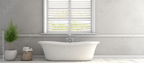 A detailed view of a bathtub inside a bathroom overlooking a window  creating a serene ambiance