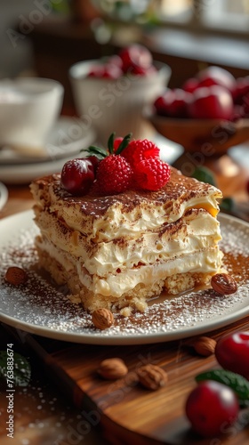 gourmet tiramisu dessert on plate with creamy mascarpone and raspberry dusting