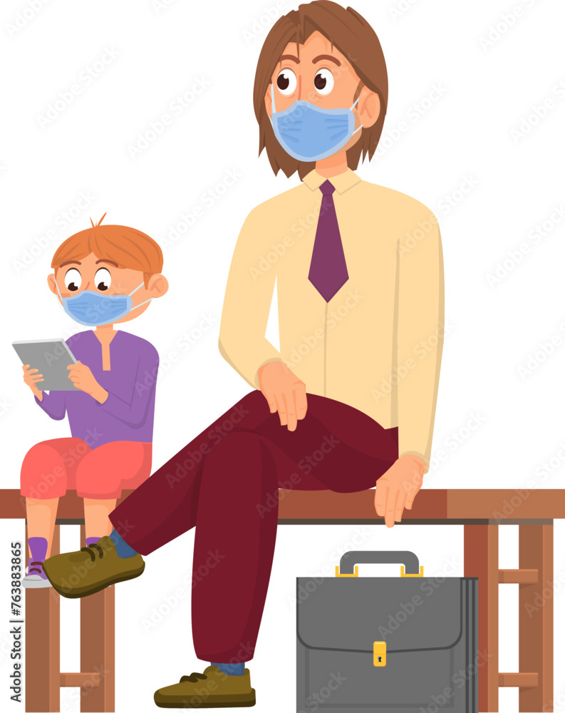 Obraz premium Father and kid waiting for doctor. People sit in medical clinic