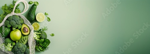 healthy banner concept fresh green vegetables in reusable cotton net bag on light background with space for text product or copy blank empty
