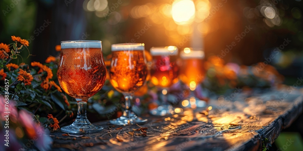 A sunlit garden table adorned with tulip glasses, celebrating with golden beer. - obrazy, fototapety, plakaty 