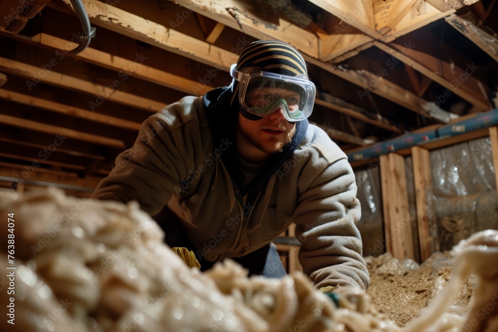 worker with safety goggles placing mineral wool in basement