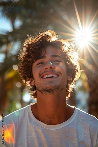 A health-conscious, laughing young man with curly hair enjoys the sun, radiating happiness and wellness in a park.