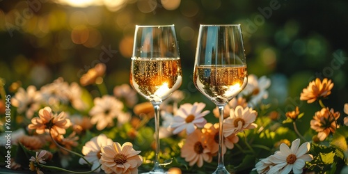 In a festive meadow, two wine glasses sparkle with champagne, celebrating romance.