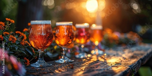 A sunlit garden table adorned with tulip glasses, celebrating with golden beer. photo