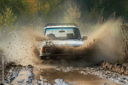 4x4 driving through mud puddle, splashing water © altitudevisual