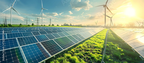 A solar panel farm stands in an open field with wind turbines in the background, symbolizing the advancement of green energy and sustainable development. Beautiful green energy landscape.