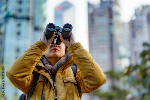 bird watcher with binoculars, metropolis in sight photo
