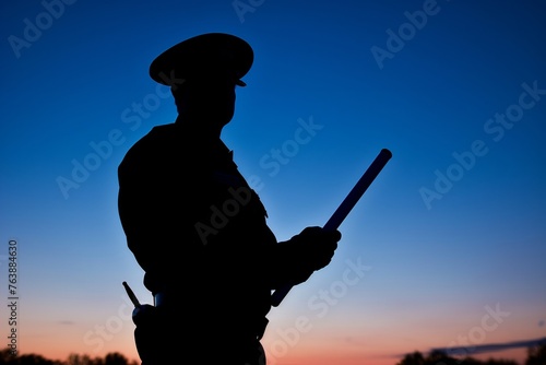 photo of an officers silhouette holding a baton at dusk © altitudevisual