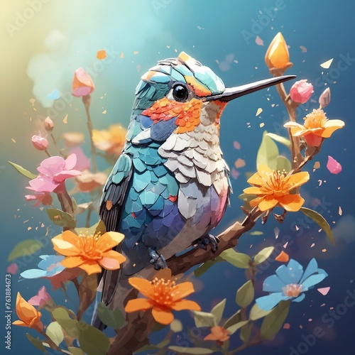 Generative AI image of cute bee hummingbird with decorated flowers. poster for bird lovers all the breeds. beautiful bird art for your beloved birds. memory for lifetime. Premium art.