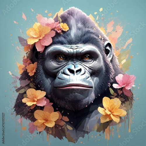 Generative AI image of cute gorilla with decorated flowers. poster for animal lovers all the breeds. beautiful animal art for your beloved animals. memory for lifetime. Premium art. photo