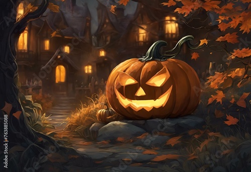 a small halloween pumpkin sitting in the middle of a forest