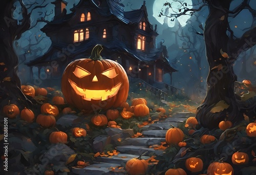 a lighted halloween pumpkin on an ancient path in front of a haunted house