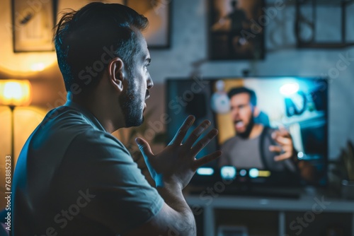 man gesturing disagreement with var decision on screen photo