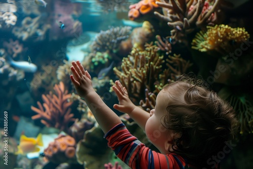 child pressing hands against a fish tank wall photo
