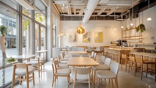A lightfilled cafe with an open and airy vibe featuring a mix of bar seating cozy booths and communal tables. The neutral color palette and warm lighting create a welcoming photo