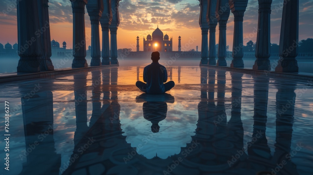 A serene figure meditates by reflective waters in front of a mosque, under the enchanting sky of dusk. The scene is a tranquil blend of spirituality and the captivating beauty of architectural
