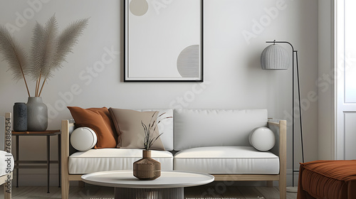 a minimalist living room scene to be used as a mockup for an A4 sized print which should be the focal point . The picture frame should be no larger than 12inches tall.