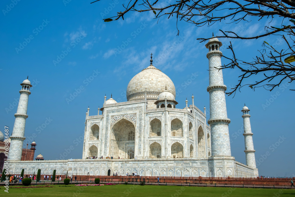 The Taj Mahal at Agra India. It was commissioned in 1631 by the fifth Mughal emperor, Shah Jahan to house the tomb of his beloved wife, Mumtaz Mahal.