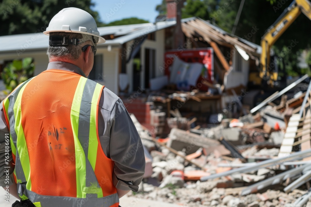 safety inspector with a vest near demolished house remains - obrazy, fototapety, plakaty 