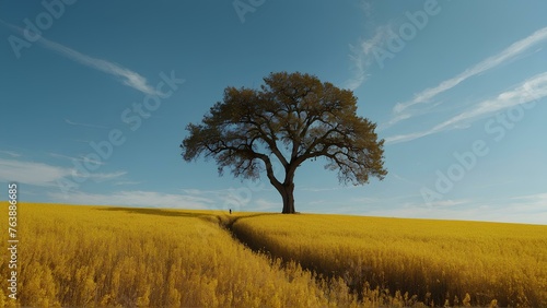 Blue sky, yellow field, a tree in the distance, a person standing alone on it, in the style of minimalist, high definition photography, clean background, high resolution, bright colors
