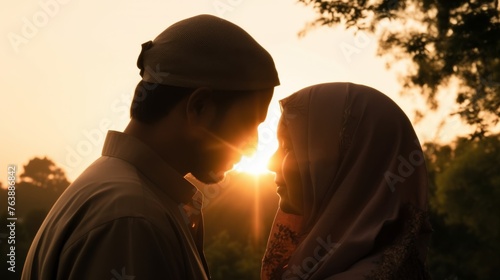 An intimate silhouette of a couple in traditional attire facing each other, with the setting sun between them, exuding warmth and romance.