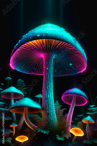 Fantasy mushrooms with neon light on a in magical darkness.